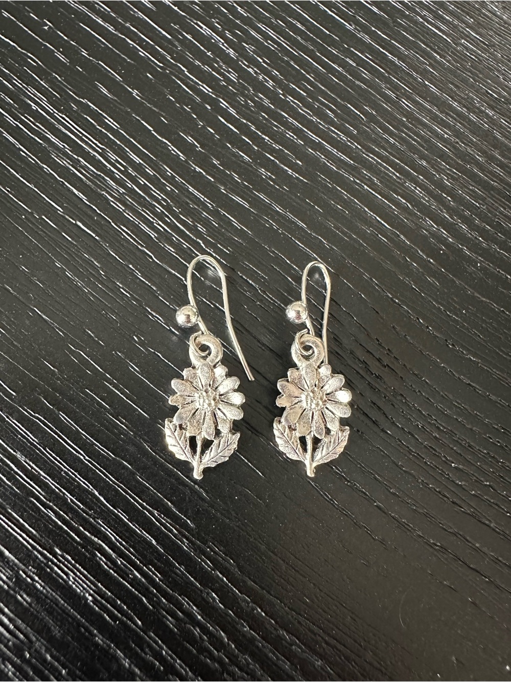 Silver Floral Dangle Earrings - Flower Leaf Drop Hooks